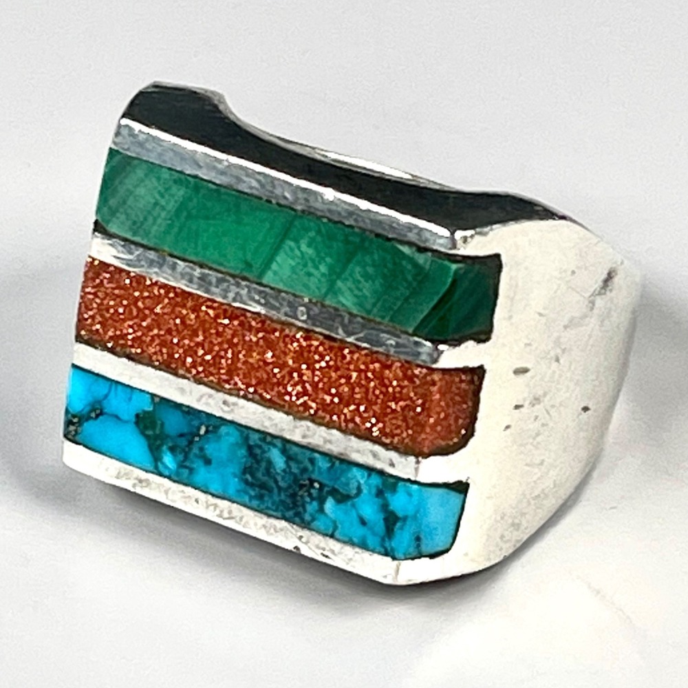 Mexico TG-207 Sterling Silver Channel Inlay Ring Size 10 25.7g Turquoise 1970-80